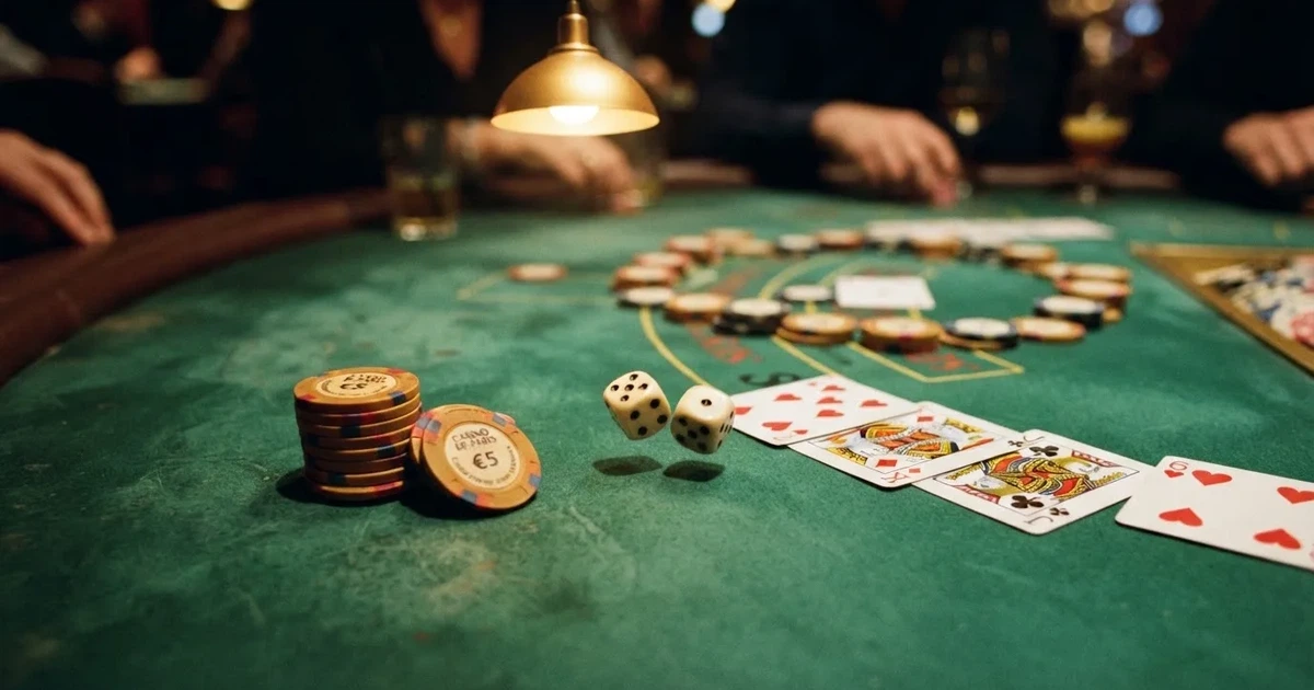Een speeltafel met kaarten, dobbelstenen en een afgezonderde stapel fiches ter waarde van twintig euro