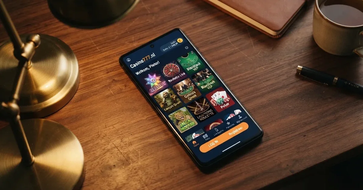 Een Android-smartphone toont het startscherm van een Nederlandse casino-app met zichtbare speltegels, een saldoweergave en een inlogknop.
