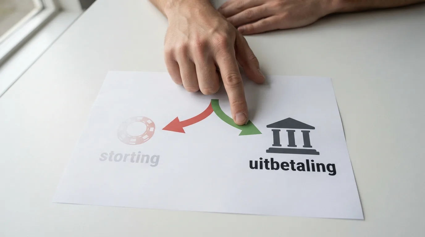 Een visueel schema dat toont hoe bankoverschrijving als stortmethode (pijl naar casino) bijna verdwenen is terwijl uitbetaling (pijl van casino naar bank) universeel is
