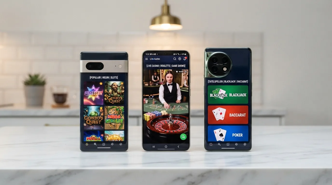 Drie Android-telefoons naast elkaar, elk met een andere Nederlandse casino-app geopend op de lobby-pagina met spelcategorieën.