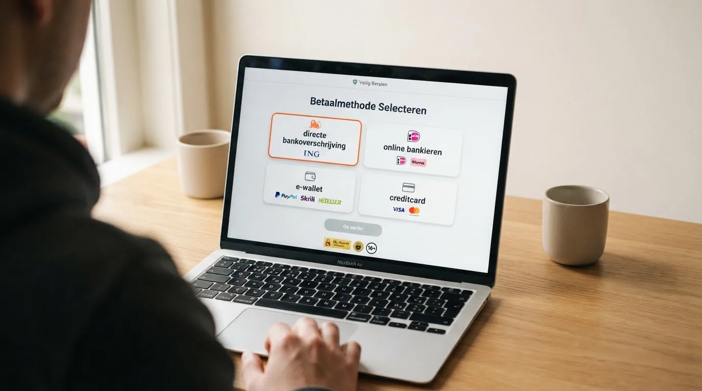 Een betaalpagina van een online casino met de knoppen iDEAL, Trustly, PayPal en VISA.