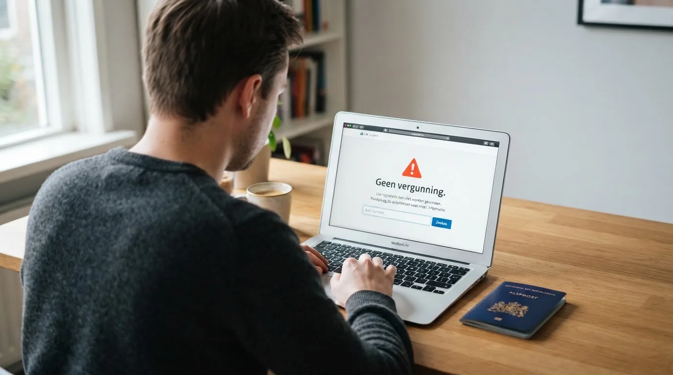 Een Nederlands paspoort naast een screenshot van een Curaçaose kansspelvergunning op een laptop, met een slotje-icoon dat de Cruks-afwezigheid symboliseert