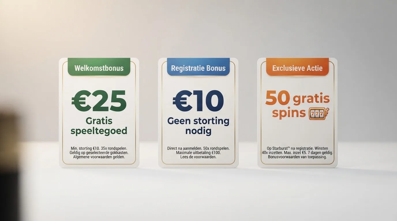 Drie bonuskaarten naast elkaar: een met €25 contant, een met €10 contant en een met 50 gratis spins, met daaronder in kleine letters de rondspeelvoorwaarden.