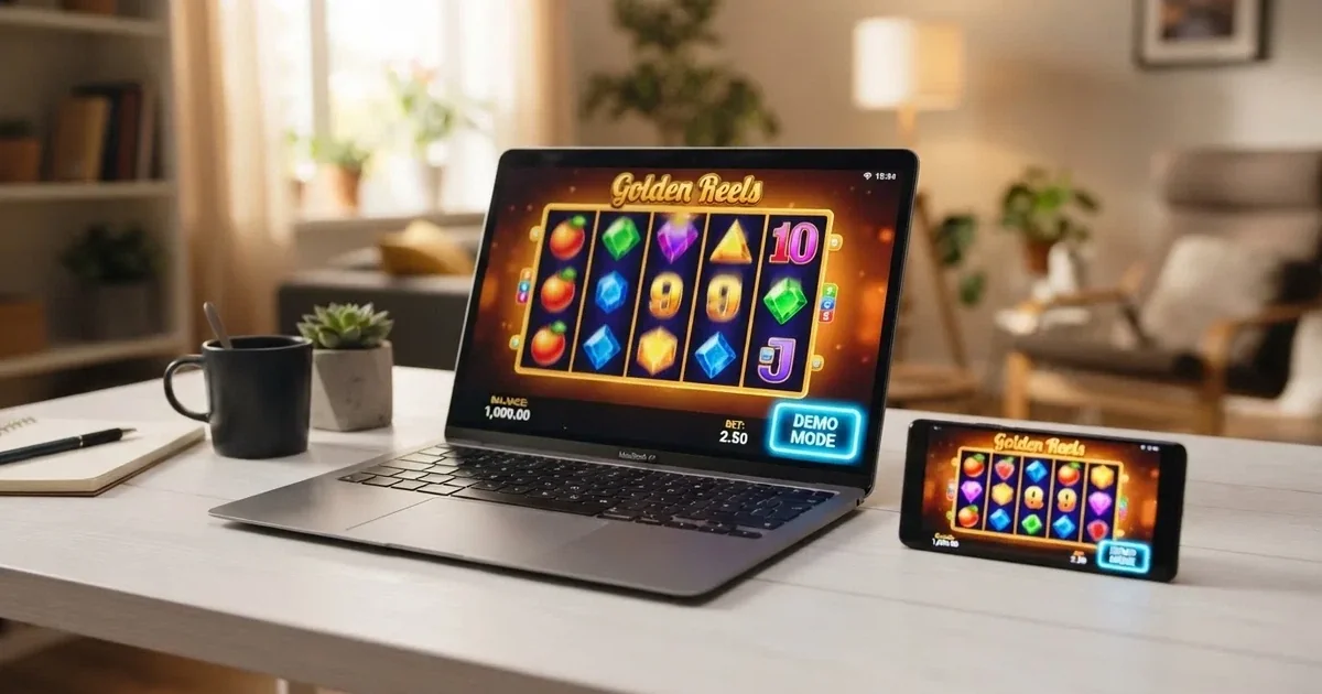 Een Nederlands online casino-spel op een laptopscherm met de demo-modusknop zichtbaar, naast een smartphone met dezelfde spelinterface.