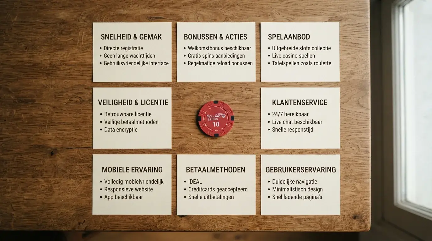 Een overzichtelijke vergelijkingstabel met casino-namen, vergunningstatus, bonusvoorwaarden en kenmerken naast elkaar