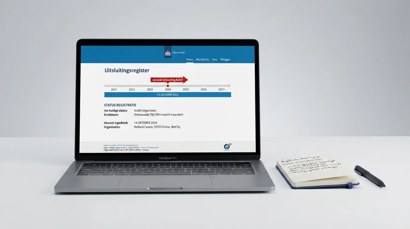 Schermafbeelding van de homepage van het Cruks-register met uitleg over zelfuitsluiting, met een kalender en het woord “uitsluitingsregister” zichtbaar