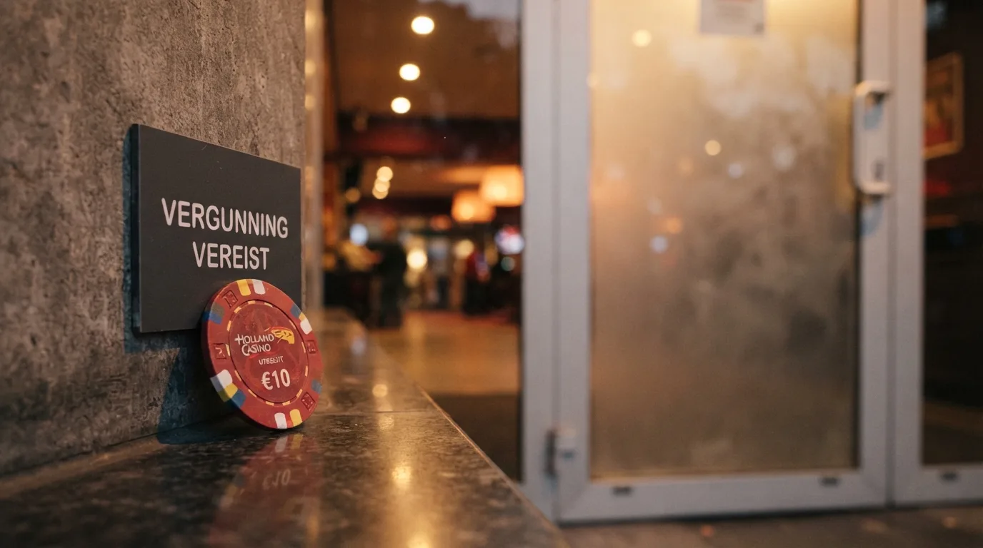 Een cryptomunt voor een bord met de tekst vergunning vereist bij een casino-ingang