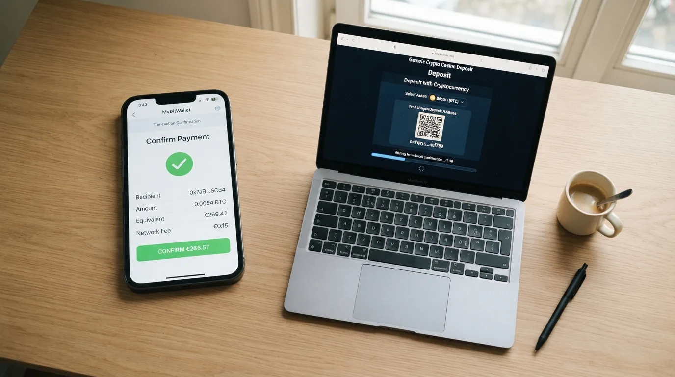 Een smartphone met een crypto wallet-app naast een laptop die een casino-stortingspagina toont, met een bitcoin-transactie op het scherm