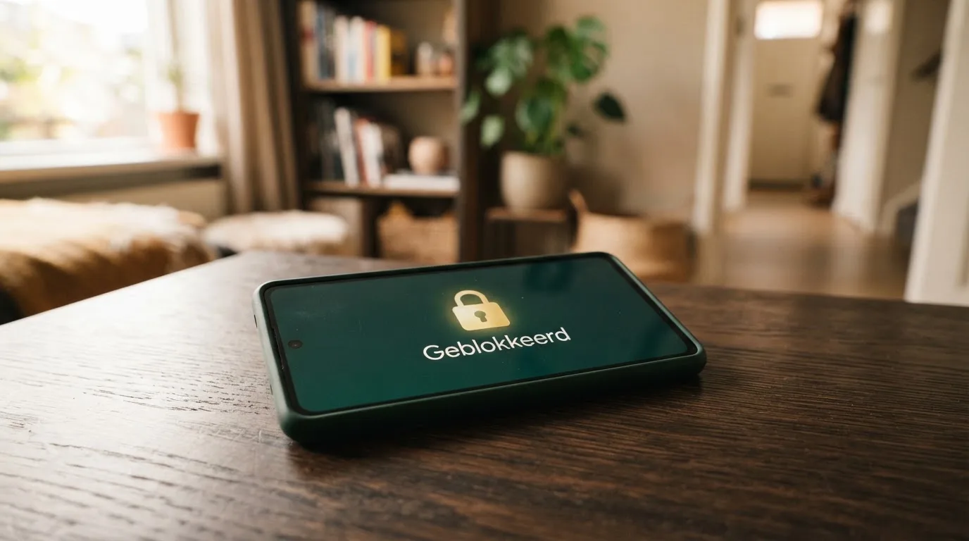 Een smartphone toont een EPIS-uitsluitingsscherm met een slot-symbool