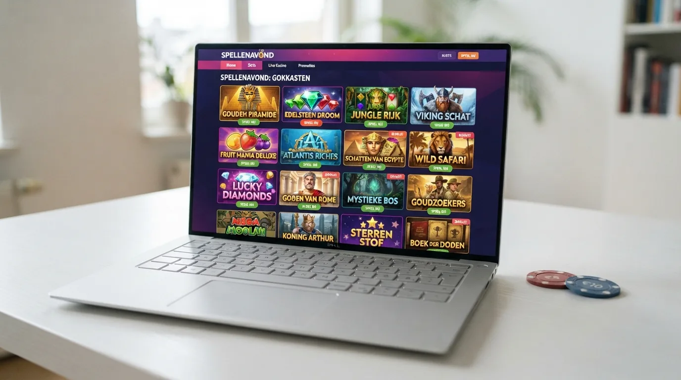 Selectie van online gokkasten op een laptops-scherm met herkenbare slot-thema's