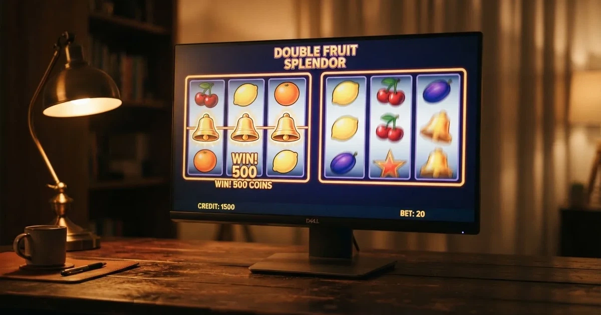 Het Twin Player-scherm van de online Club 2000 gokkast van Stakelogic met twee speelvelden en fruitautomaten-symbolen op de rollen.
