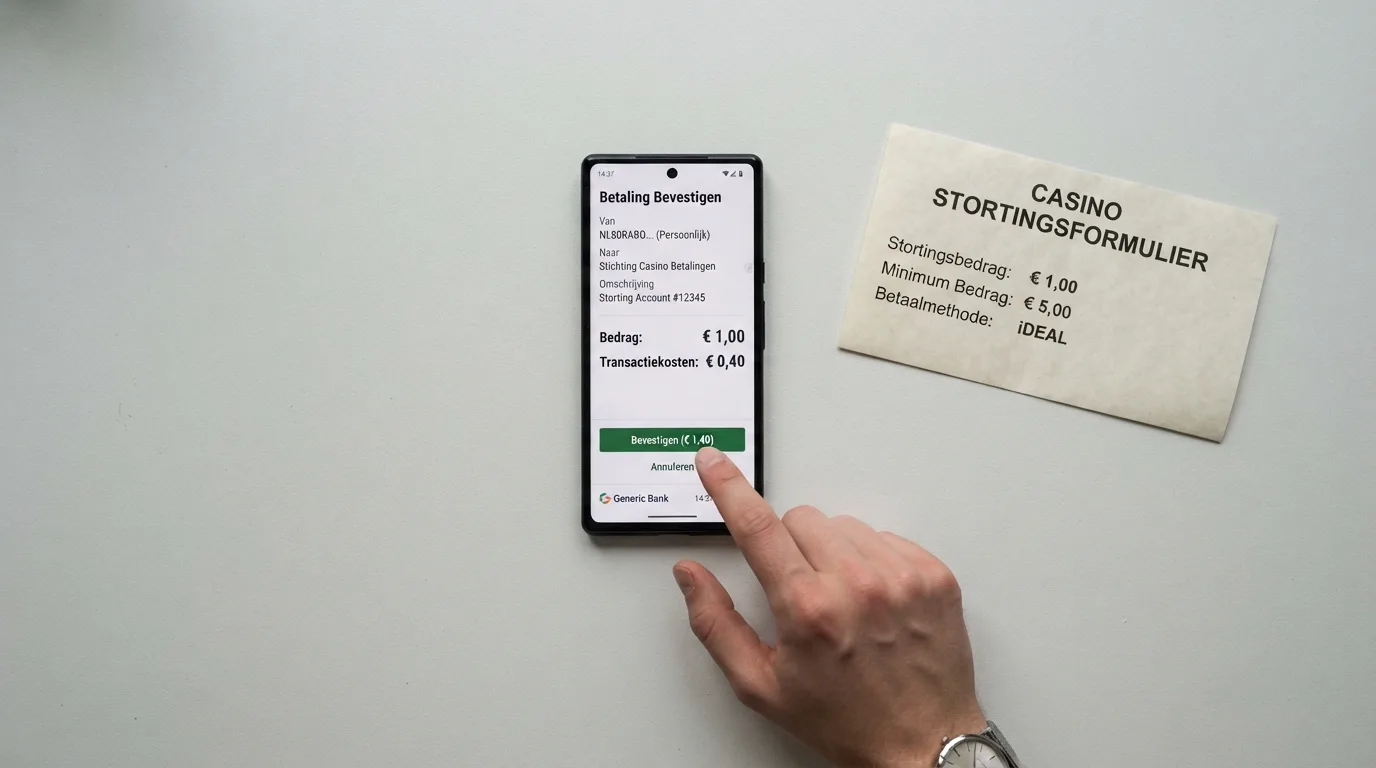 Een smartphone met het iDEAL-betaalscherm naast een Nederlands casino-stortingsformulier