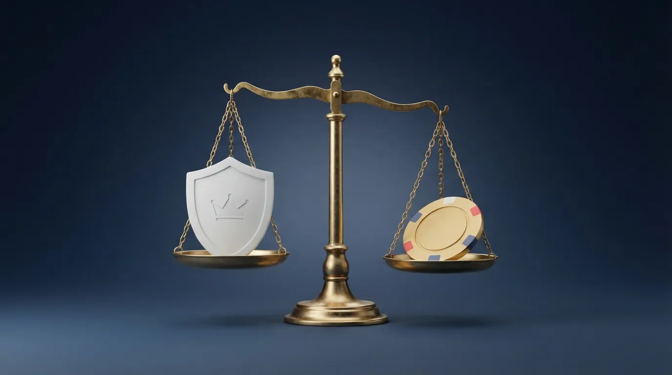 Een weegschaal met aan de ene kant het Ksa-logo op een schild en aan de andere kant een bitcoin-symbool zonder schild