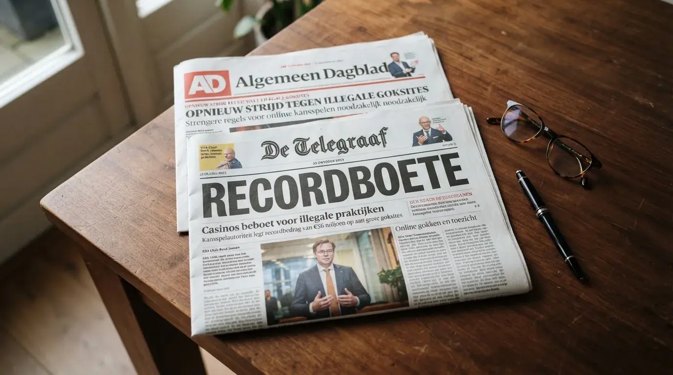 Het logo van de Kansspelautoriteit met daaronder krantenkoppen over de recordboetes van 2026 aan illegale goksites