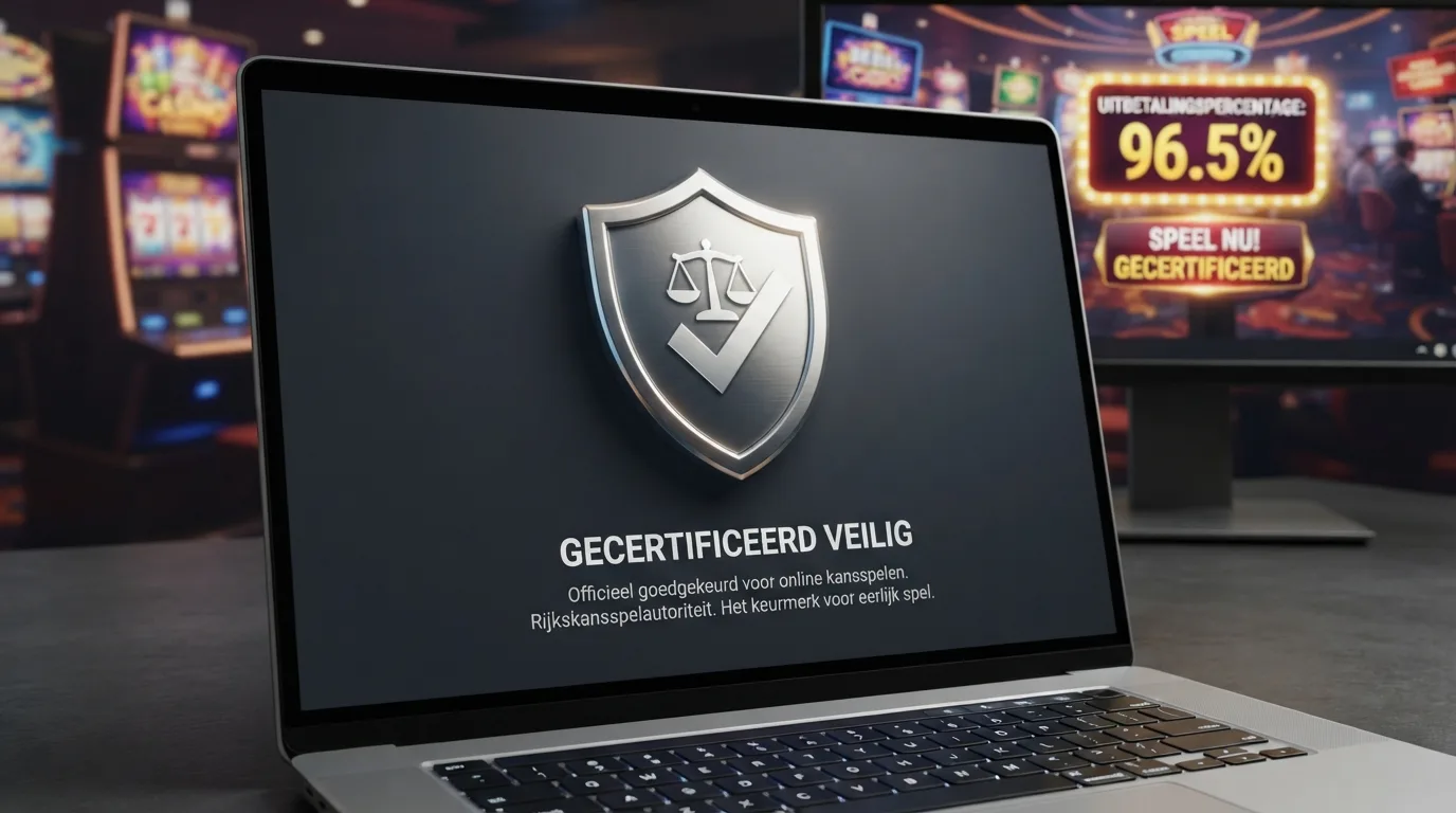 Het logo of keurmerk van de Kansspelautoriteit (Ksa) op een scherm, met een casino-interface op de achtergrond.