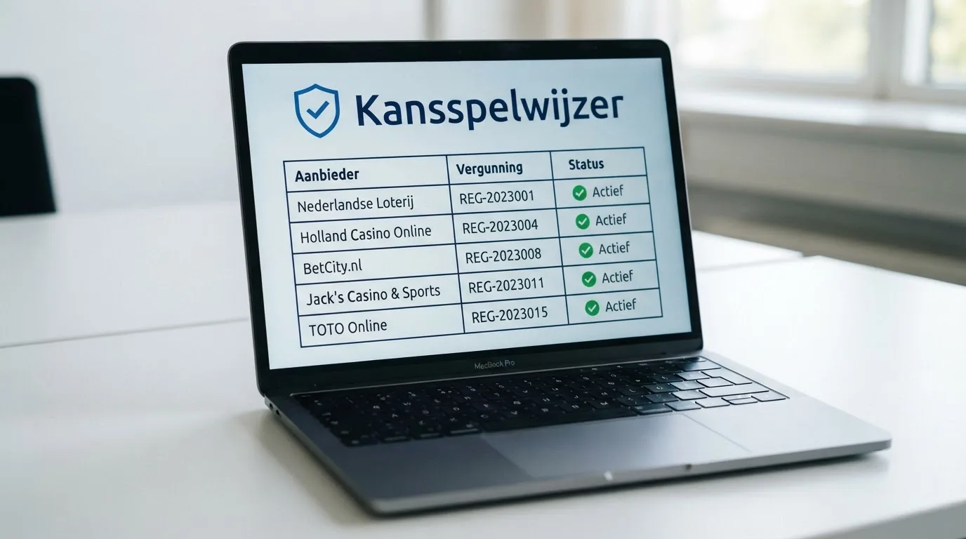 Een close-up van het Kansspelwijzer-register op een beeldscherm, met het Ksa-logo en een vergunningnummer duidelijk leesbaar.
