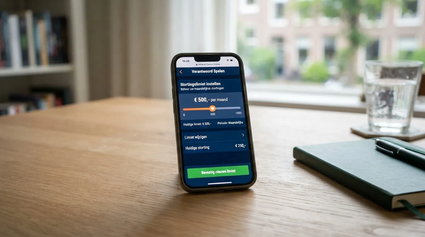 Een smartphone toont de vergunninginformatie van een casino-app met het logo van de Kansspelautoriteit duidelijk in beeld.