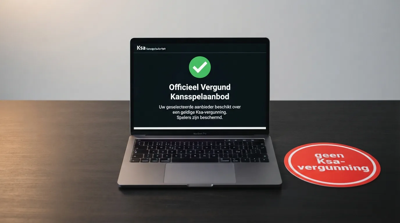 Een computerscherm met een Nederlandse casino-vergunning naast een rood waarschuwingsicoon met de tekst “geen Ksa-vergunning”.