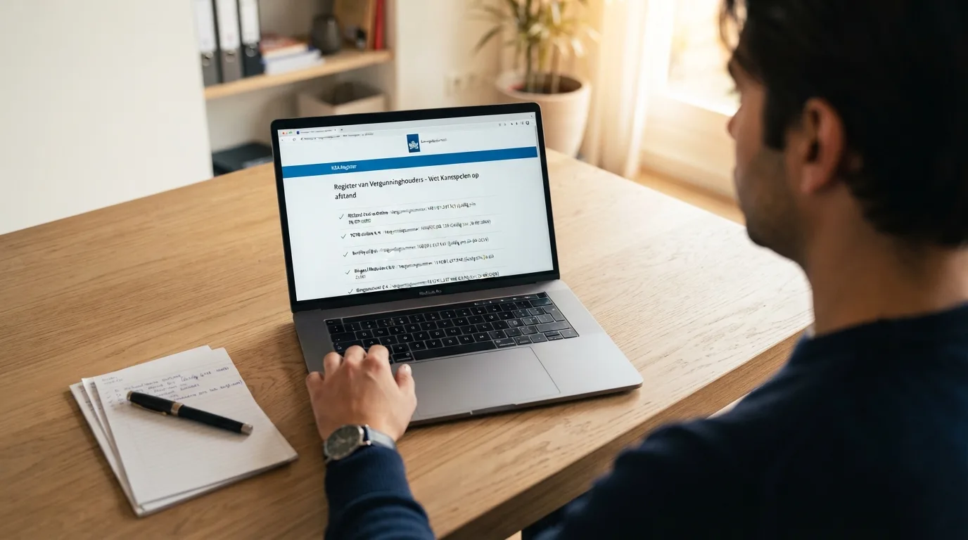 Het vergunningenregister van de Kansspelautoriteit met vergunninghouders, geopend op een beeldscherm