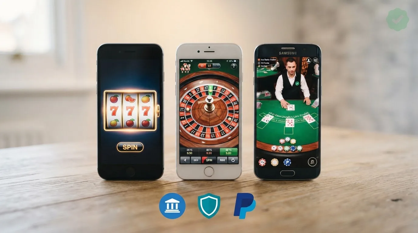 Een rij smartphones met daarop de logo's van de tien besproken Ksa-vergunde casino's en daaronder de pictogrammen van iDEAL, Trustly en PayPal.