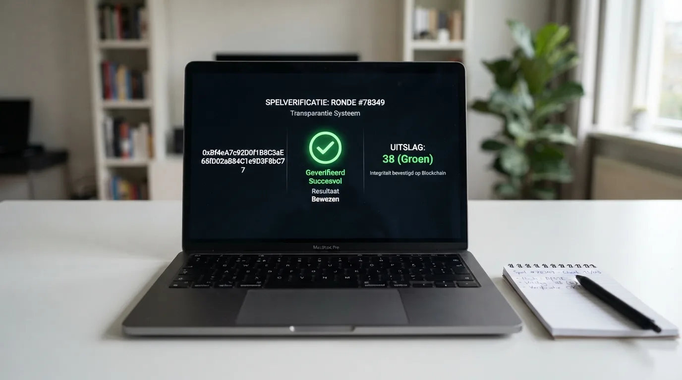 Een laptopscherm met een verificatiepagina van een bitcoin casino, waar een hash-code en spelresultaat naast elkaar worden getoond, met een groen vinkje dat een geslaagde controle aangeeft