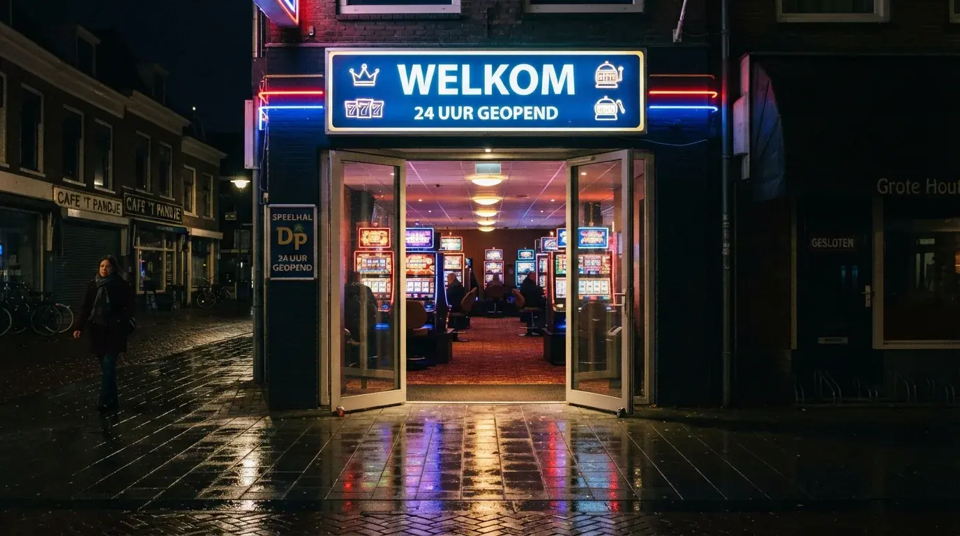 De verlichte entree van een 24-uurs speelautomatenhal, met een geopend-deur-bord zichtbaar in de late avond