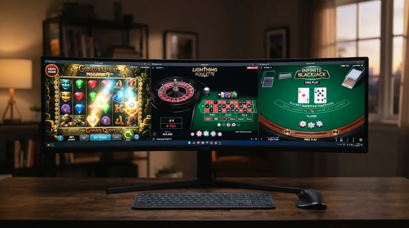 Een scherm met drie spelvensters naast elkaar: een videoslot met draaiende rollen, een roulettewiel en een blackjacktafel, alle in demo-modus.