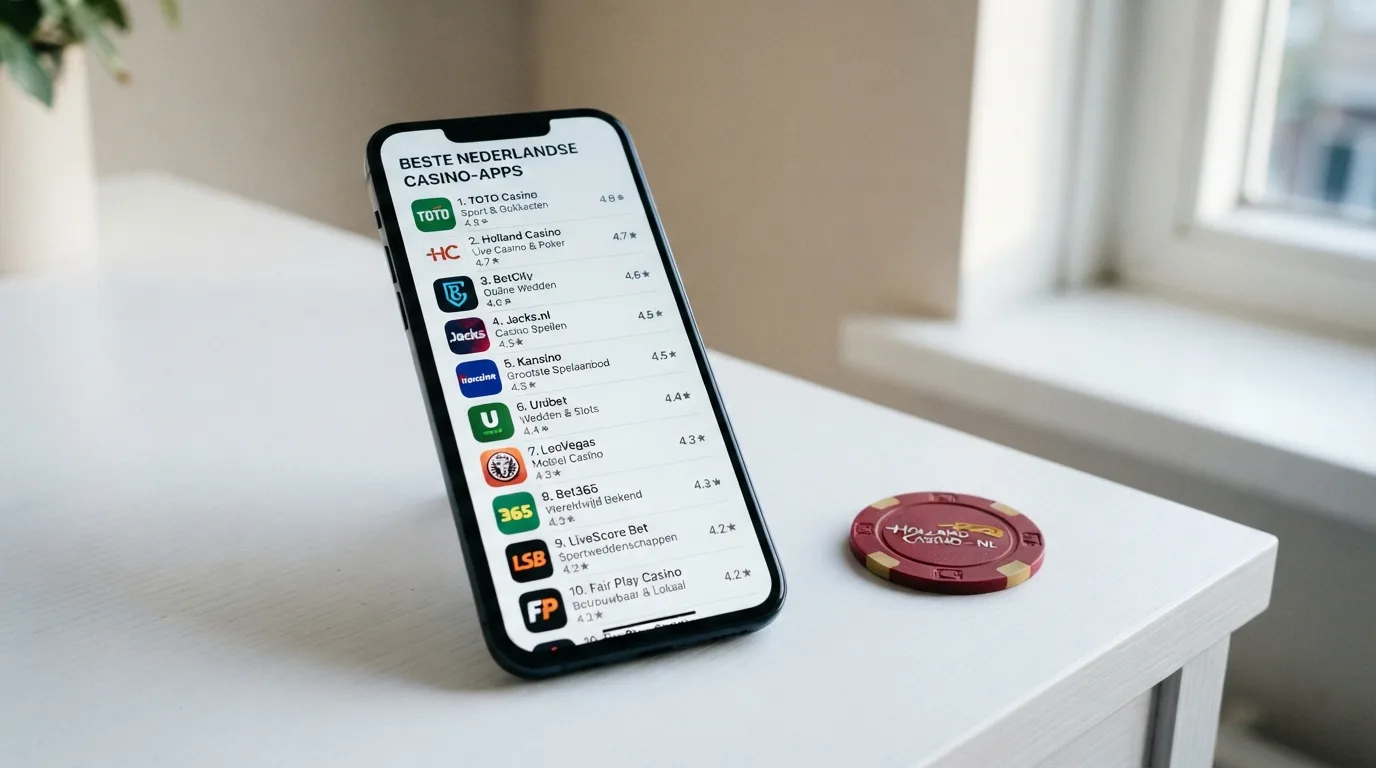 Een vergelijkingstabel met tien casino-apps, zichtbaar op een telefoonscherm