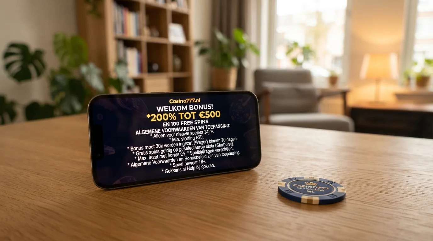 Een welkomstbonus met voorwaarden in kleine letters op een telefoonscherm